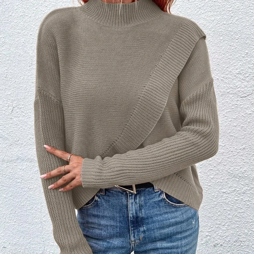 Khaki Casual Women's Stand Collar Pullover Sweater with Dropped Shoulder